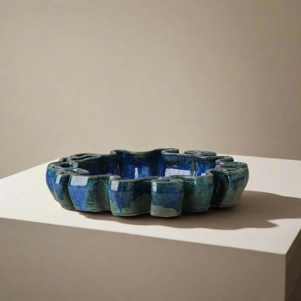 Round blue Ceramic Fruit Tray 3D printed front view #color_sapphire blue