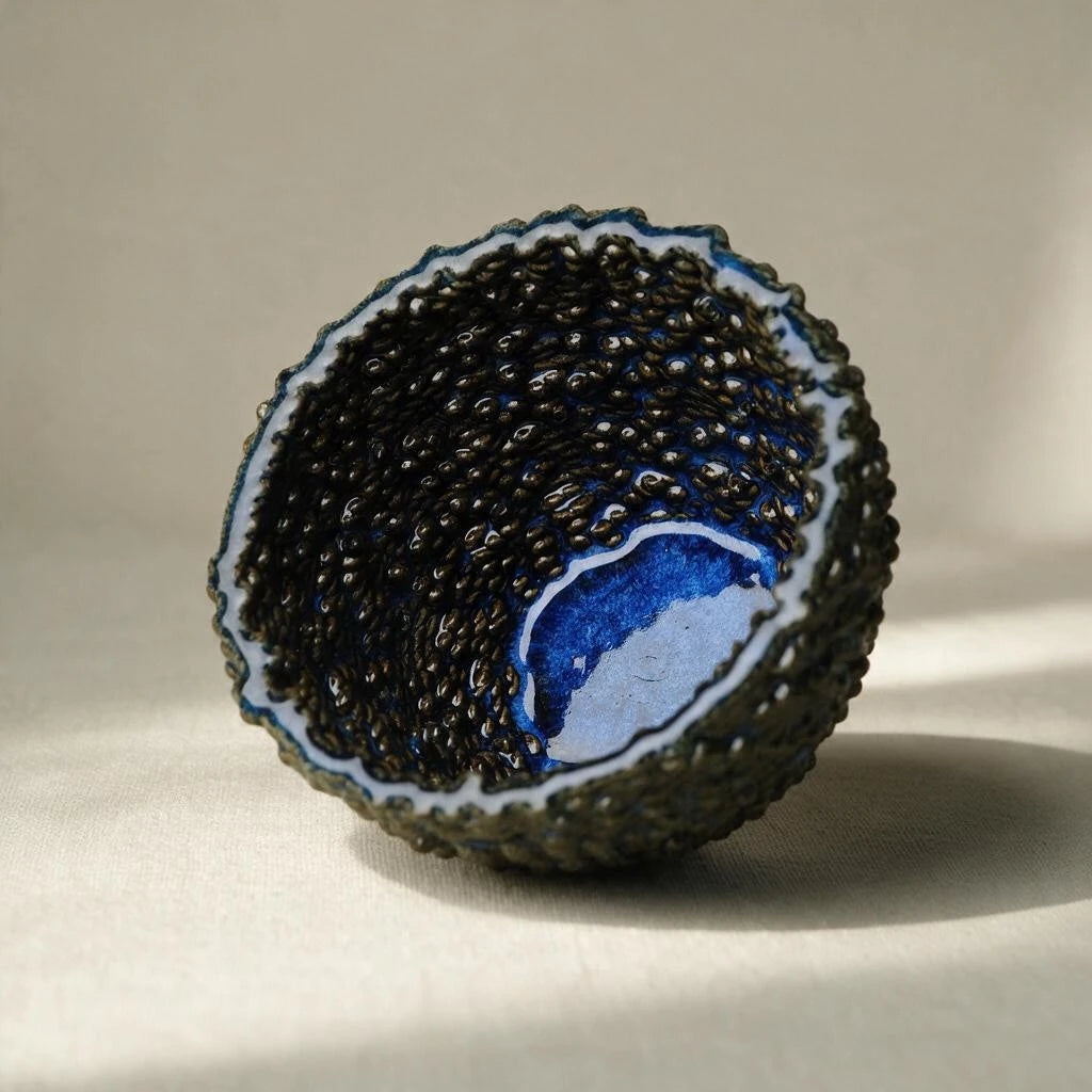 A textured ceramic bowl with a midnight blue, beaded exterior and a glossy blue interior, photographed on a neutral beige background. #color_sapphire blue