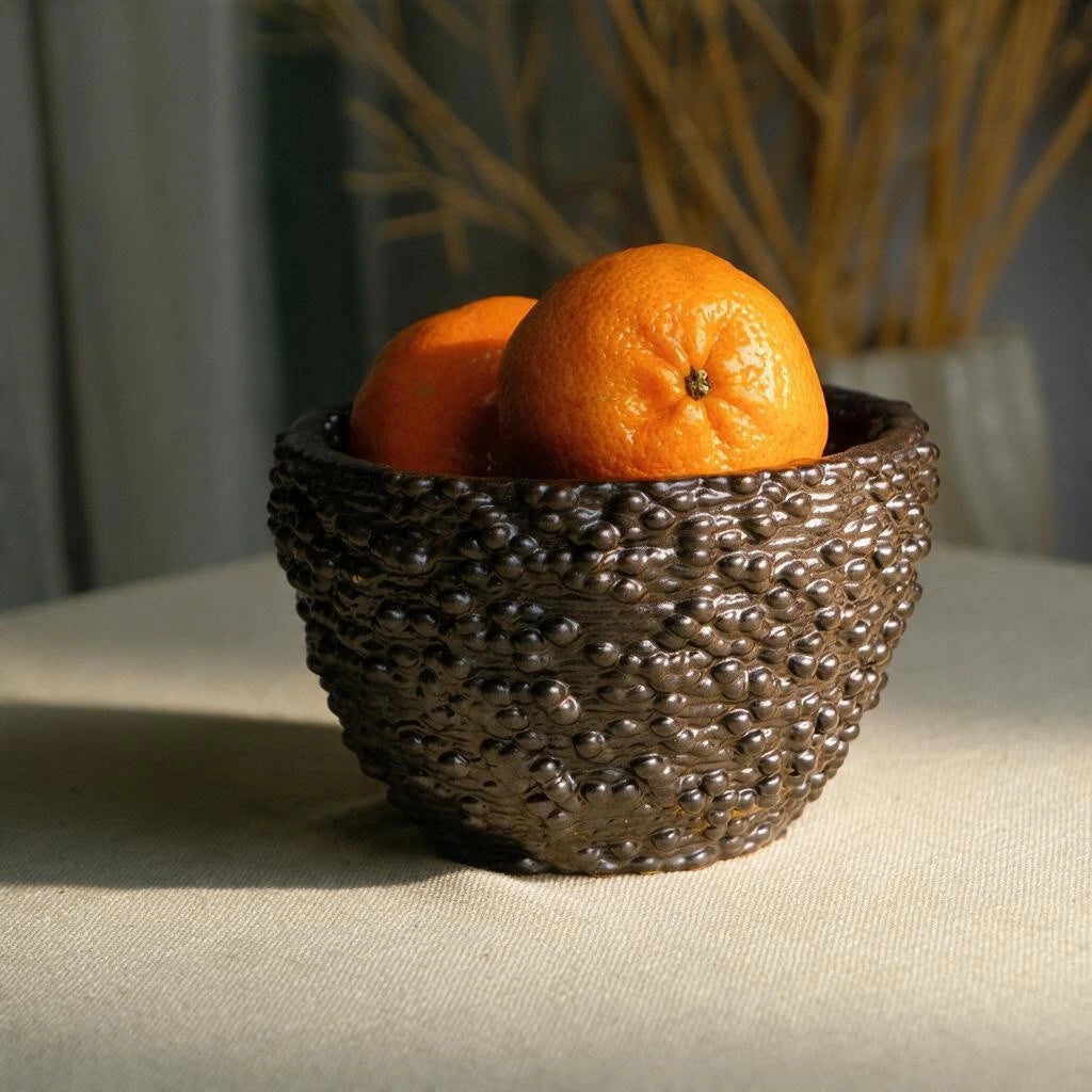 Matte Black textured ceramic fruit bowl for modern home decor. The mulberry textured bowl is filled with oranges. #color_black