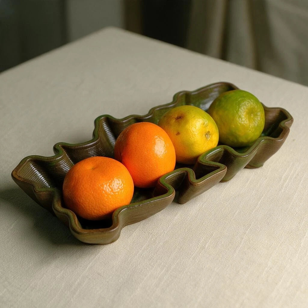 Green ceramic fruit tray with wavy design. Oranges are kept on the tray. The 3d printed ceramic tray is kept against a beige table. #color_olive green