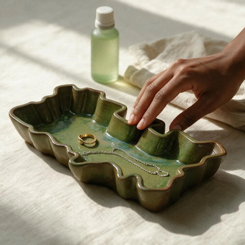 A sculptural tray with jewelry in it. The ceramic tray is set against a dreeing table background while a hand is touching it lightly. #color_olive green