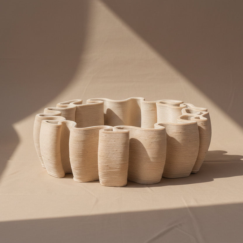 A sculptural ceramic planter or decorative tray made of 3d printed clay, featuring a wavy, organic silhouette in a light natural beige color, set against a draped brown fabric backdrop #color_Unglazed