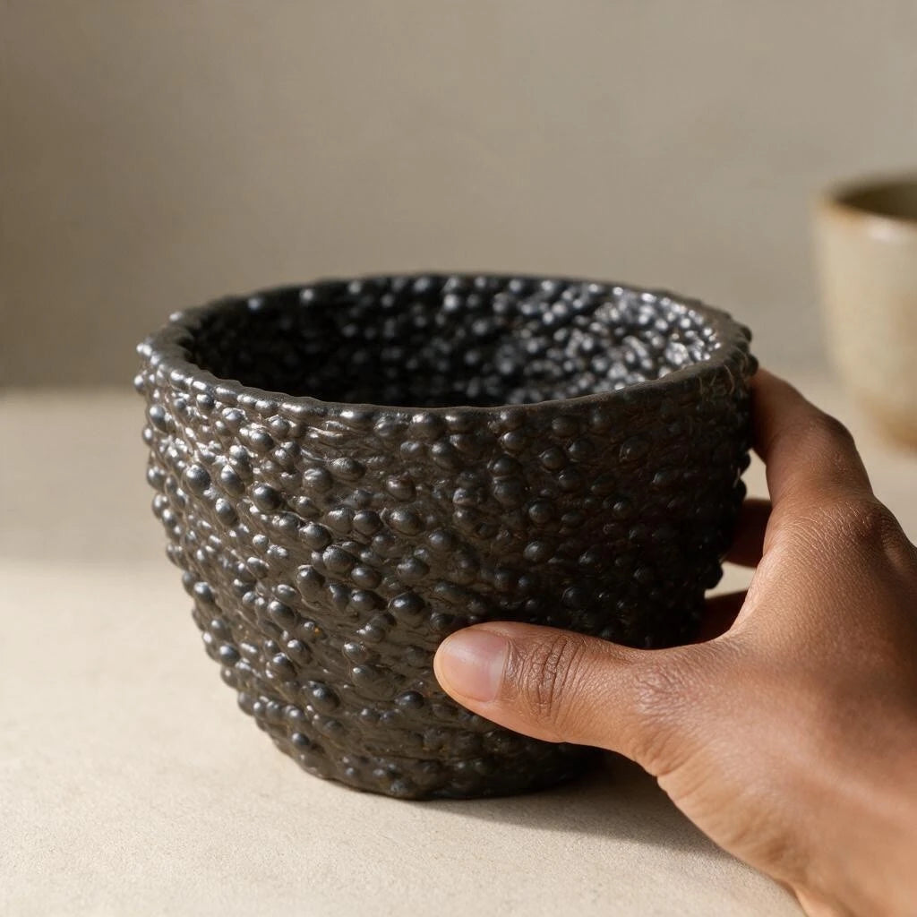 A hand holding a dark textured ceramic bowl with a bubbled, dimpled surface, set against a warm neutral background. #color_black