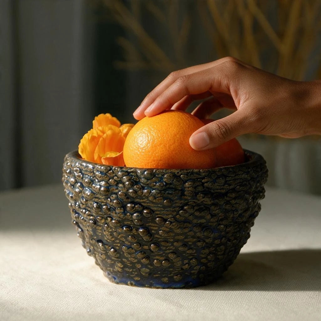 Mulberry decorative ceramic bowl photographed as a statement home decor piece. The midnight blue bowl is filled with oranges and flowers. The ceramic bowl is lightly touched by hand. #color_sapphire blue