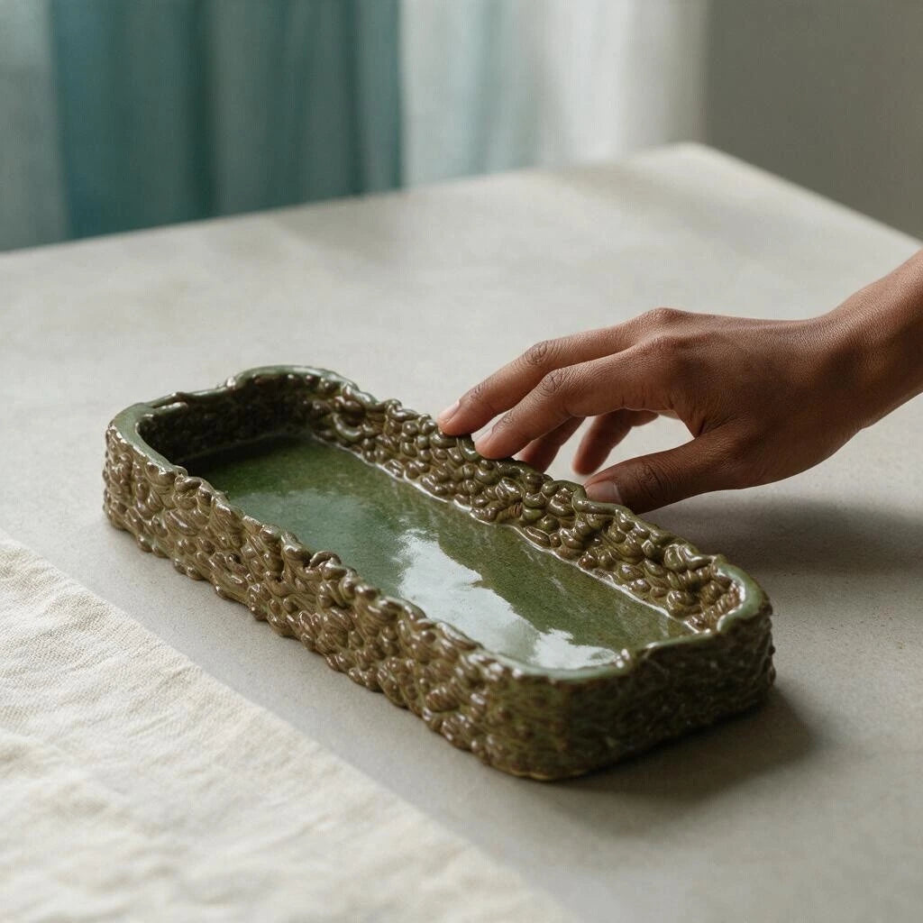 Hand reaching toward a glossy olive green 3D printed ceramic catchall tray with woven textured rim on a neutral stone table #color_olive green