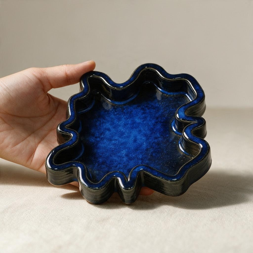 A hand holding a scalloped ceramic dish with a deep cobalt blue glazed interior and a dark, nearly black exterior, set against a neutral beige background. #color_sapphire blue