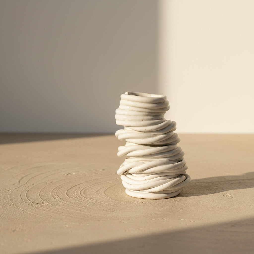 A small sculptural vase or candle holder made of stacked, twisted ribbed ceramic in a off-white glaze, standing on a beige surface #color_white