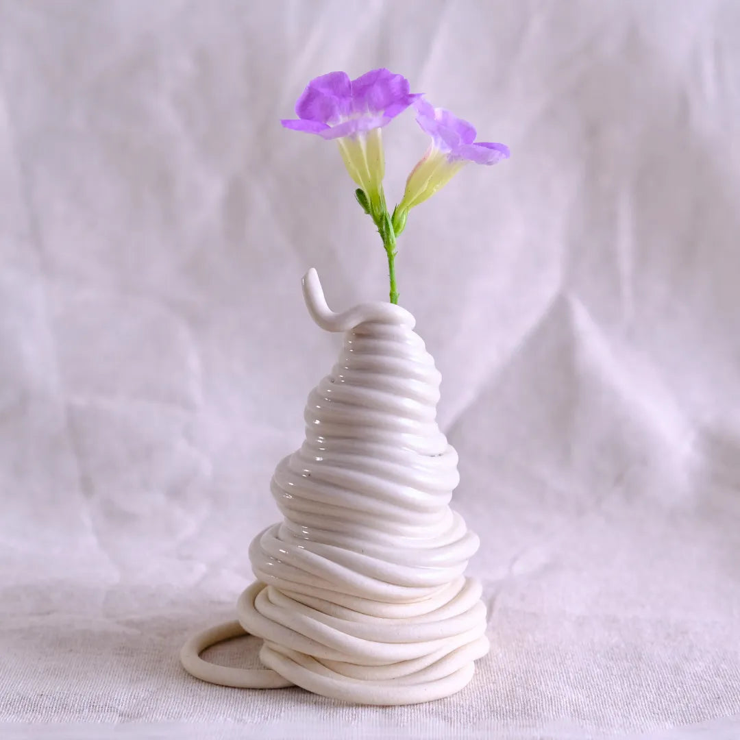 Small ceramic white vase with blue flowers  #color_white