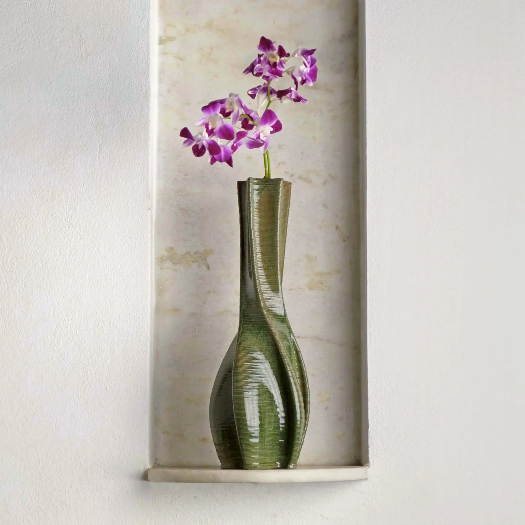 green Ceramic Table Vase 3D printed with flowers #color_olive green
