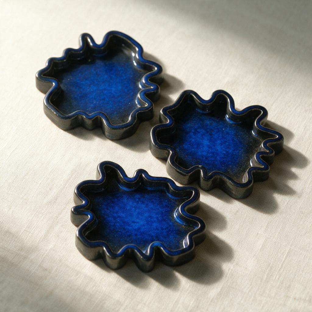 3d printed ceramic trays in midnight blue color and abstract shape. Set of 3 trays #color_sapphire blue