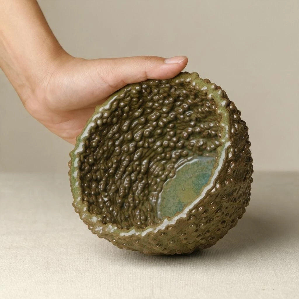 Glossy Olive Mulberry ceramic bowl with a raised berry-inspired texture #color_olive green