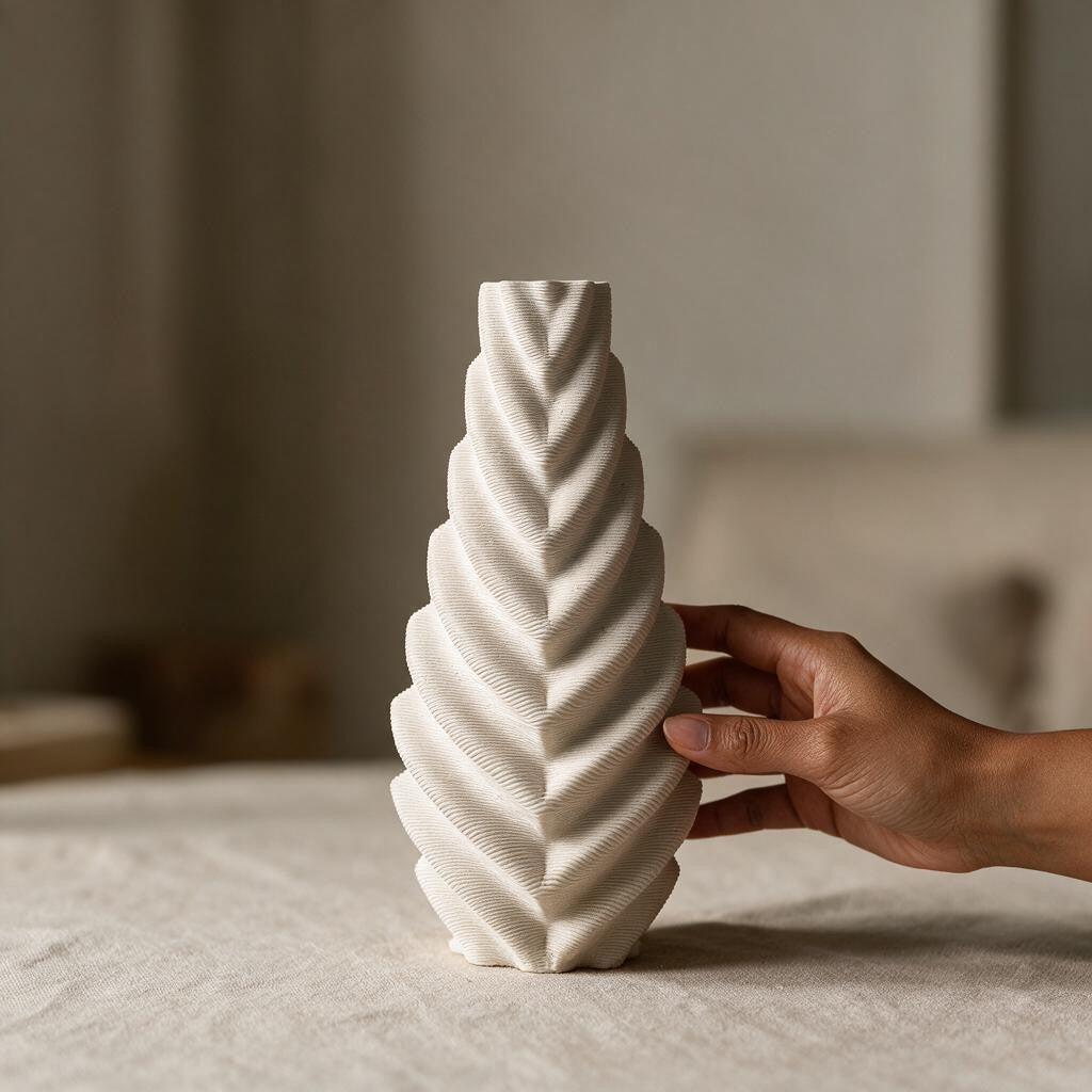A sculptural 3d printed ceramic vase with a hand lightly touching it