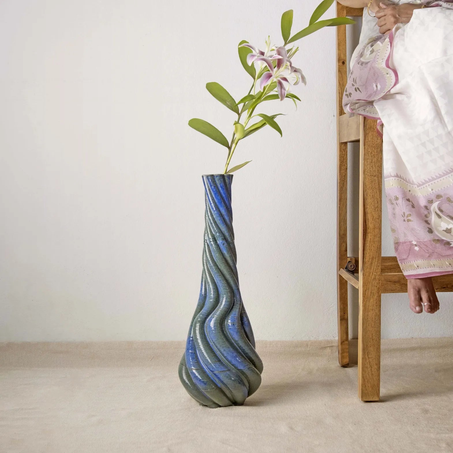 Tall blue Ceramic floor vase 3D printed with flowers #color_sapphire blue