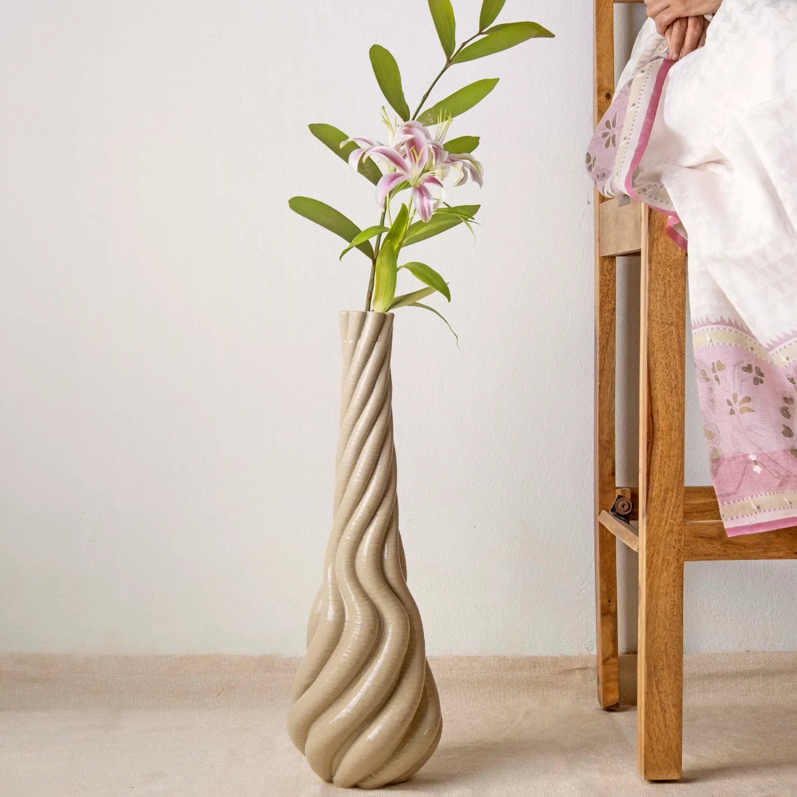 Tall white Ceramic floor vase 3D printed with flowers #color_white