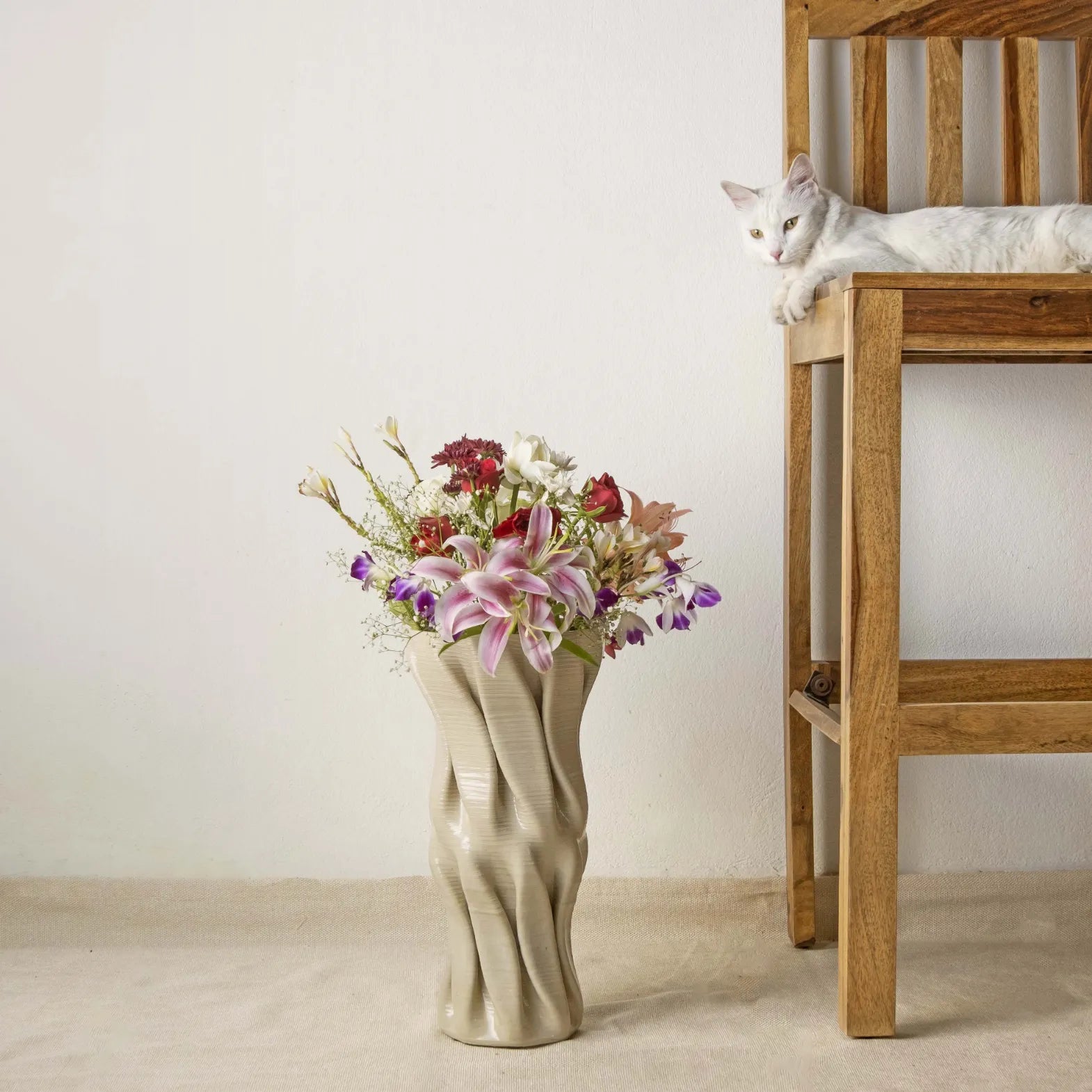 Tall white Ceramic floor vase 3D printed with flowers #color_white