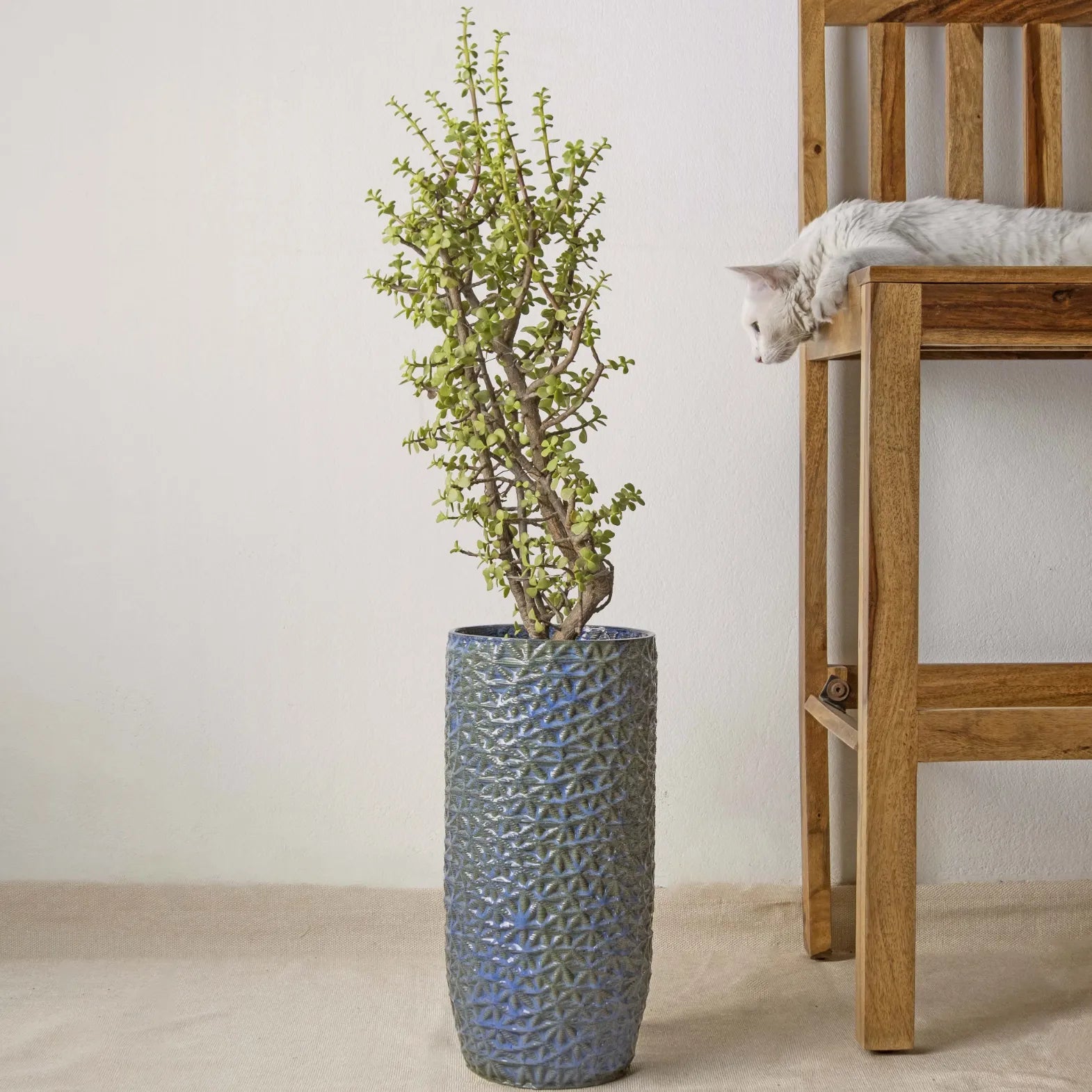 Tall blue Ceramic floor vase 3D printed with flowers #color_sapphire blue