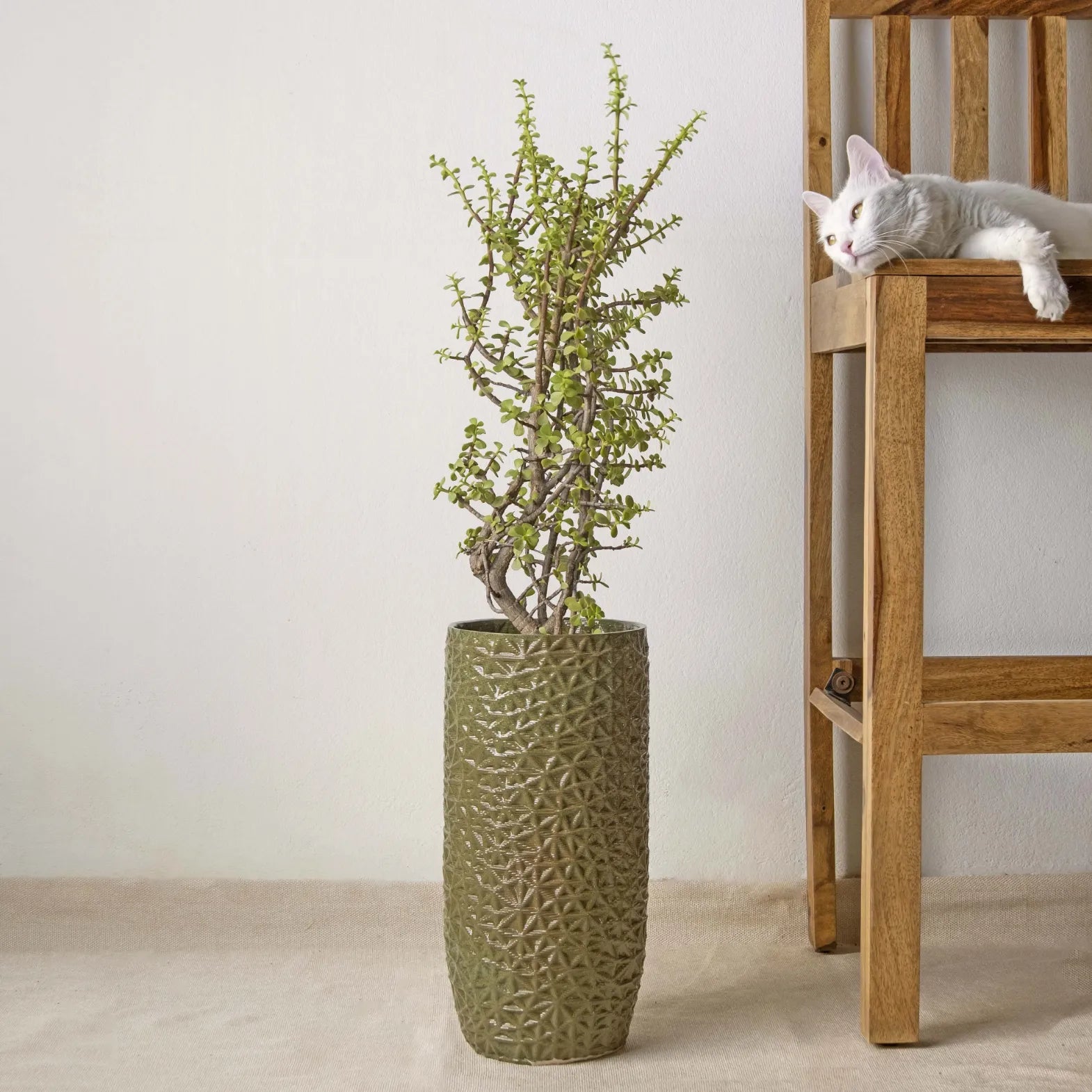 Tall green Ceramic floor vase 3D printed with flowers #color_olive green