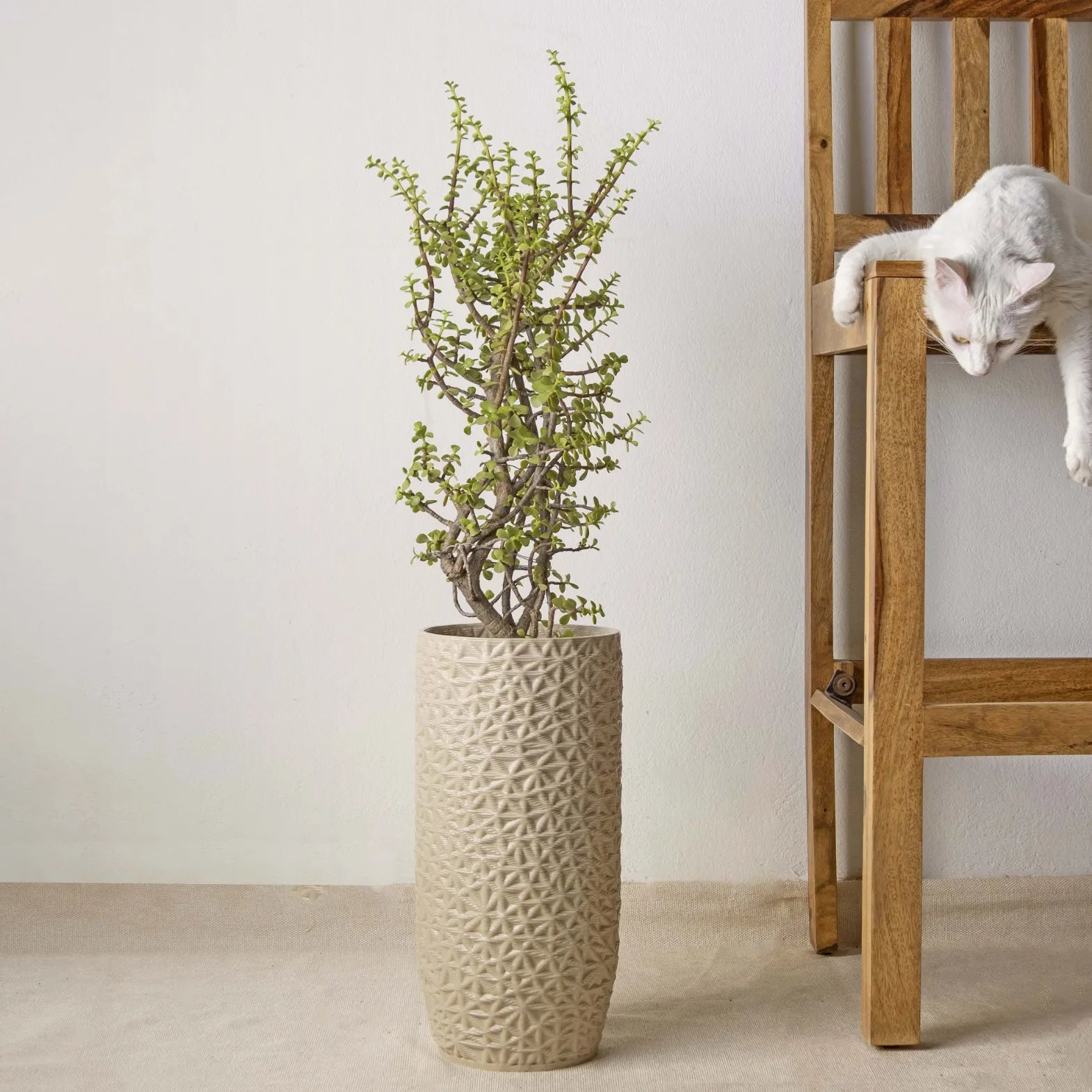 Tall white Ceramic floor vase 3D printed with flowers #color_white