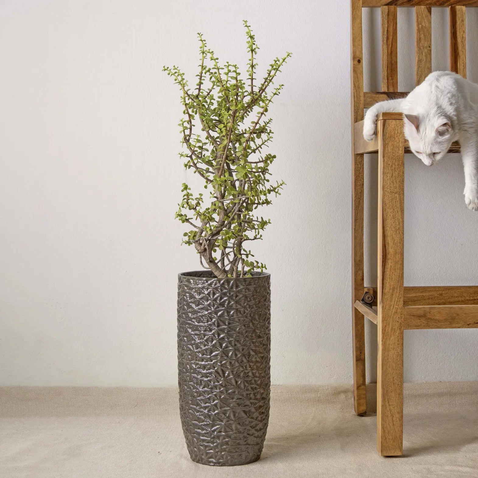 Tall black Ceramic floor vase 3D printed with flowers #color_black