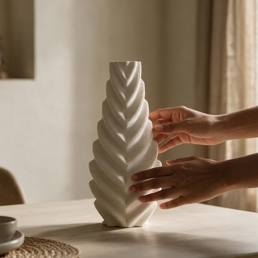 A person's hands adjust a tall, sculptural white ceramic vase with a textured, layered leaf-like pattern on a light-colored wooden table in a softly lit room.