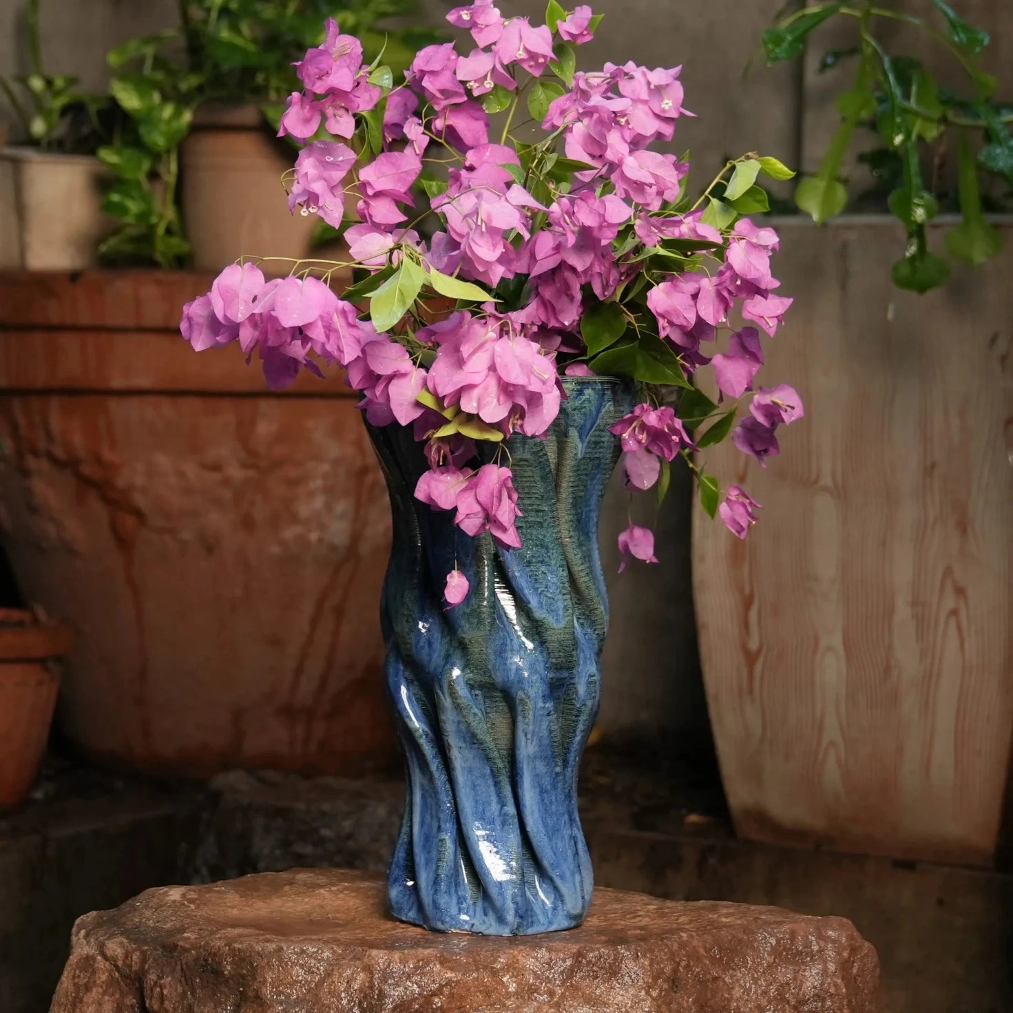 Ceramic blue tall vase with pink flowers #color_sapphire blue