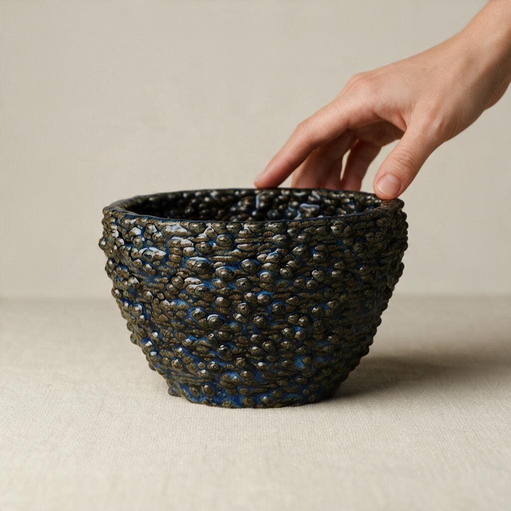 A hand is gently holding the rim of a dark textured ceramic bowl with blue glaze, set against a neutral beige background. Modern decorative bowl with an organic texture and rounded form. #color_sapphire blue
