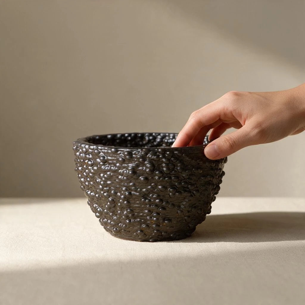 A hand holding the rim of a dark textured ceramic bowl on a neutral beige surface with soft shadows. #color_black