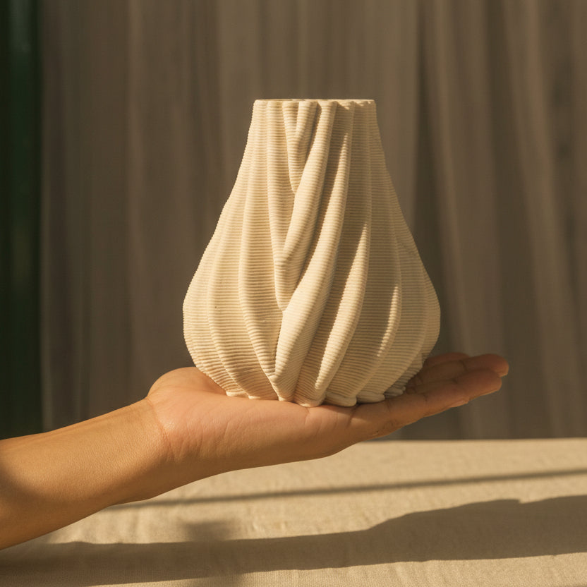 Small white ceramic bud vase held in hand #color_white