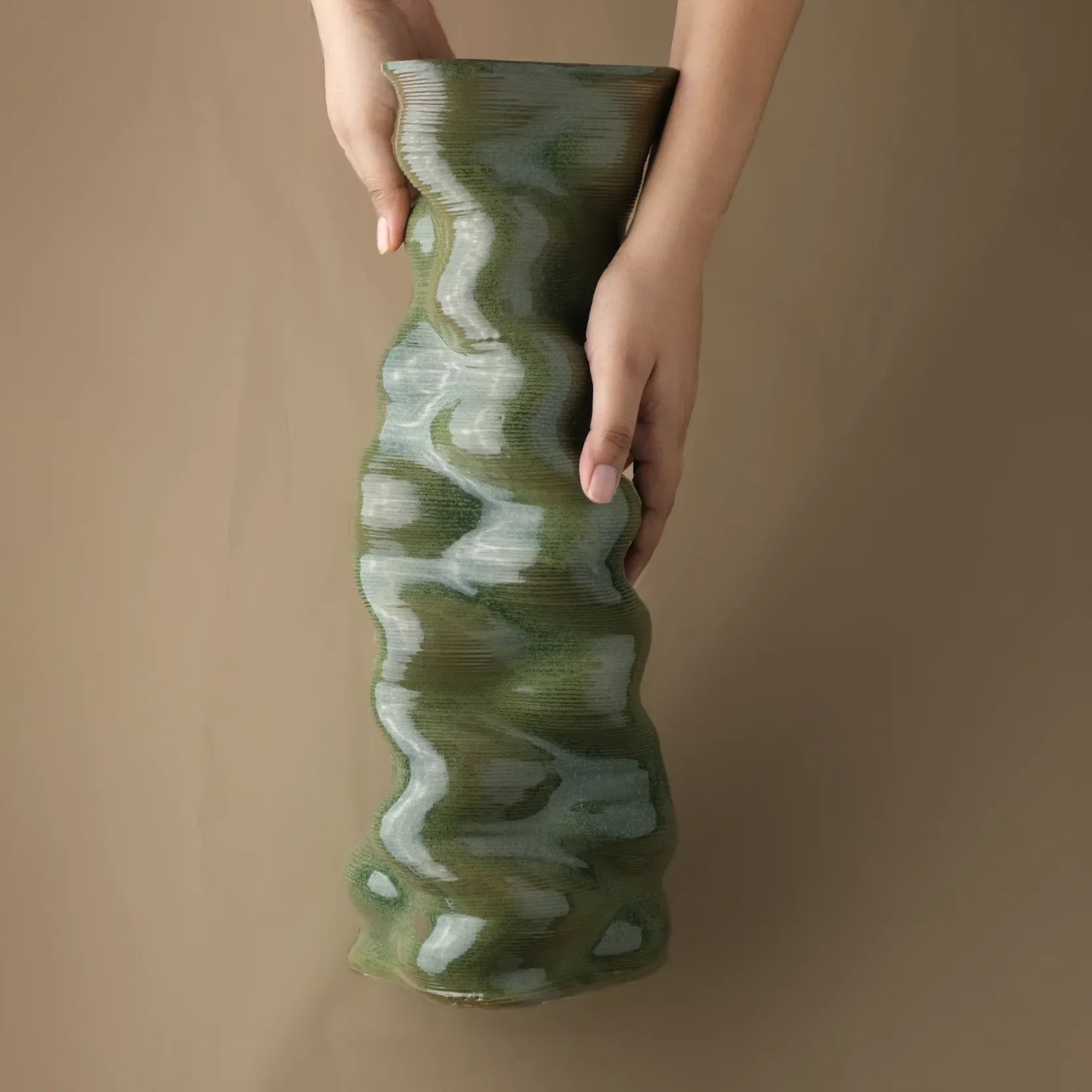 Big green Ceramic floor vase 3D printed hand demo #color_olive green