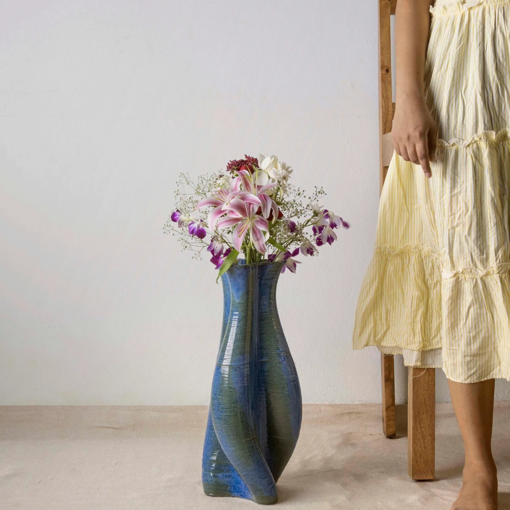 Tall blue Ceramic floor vase 3D printed with flowers #color_sapphire blue