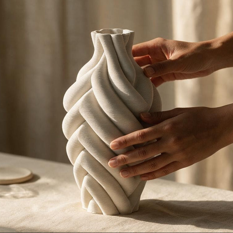 Sculptural ceramic vase on a dining table with hands adjusting the ase