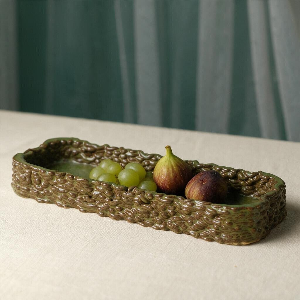3D Printed olive green catchall tray filled with grapes and figs. #color_olive green 