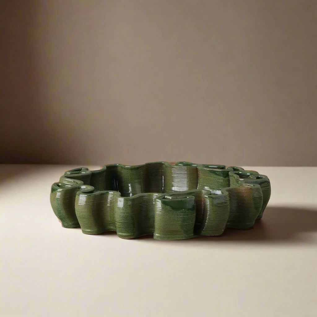 Round green Ceramic Decorative Tray 3D printed front view #color_olive green