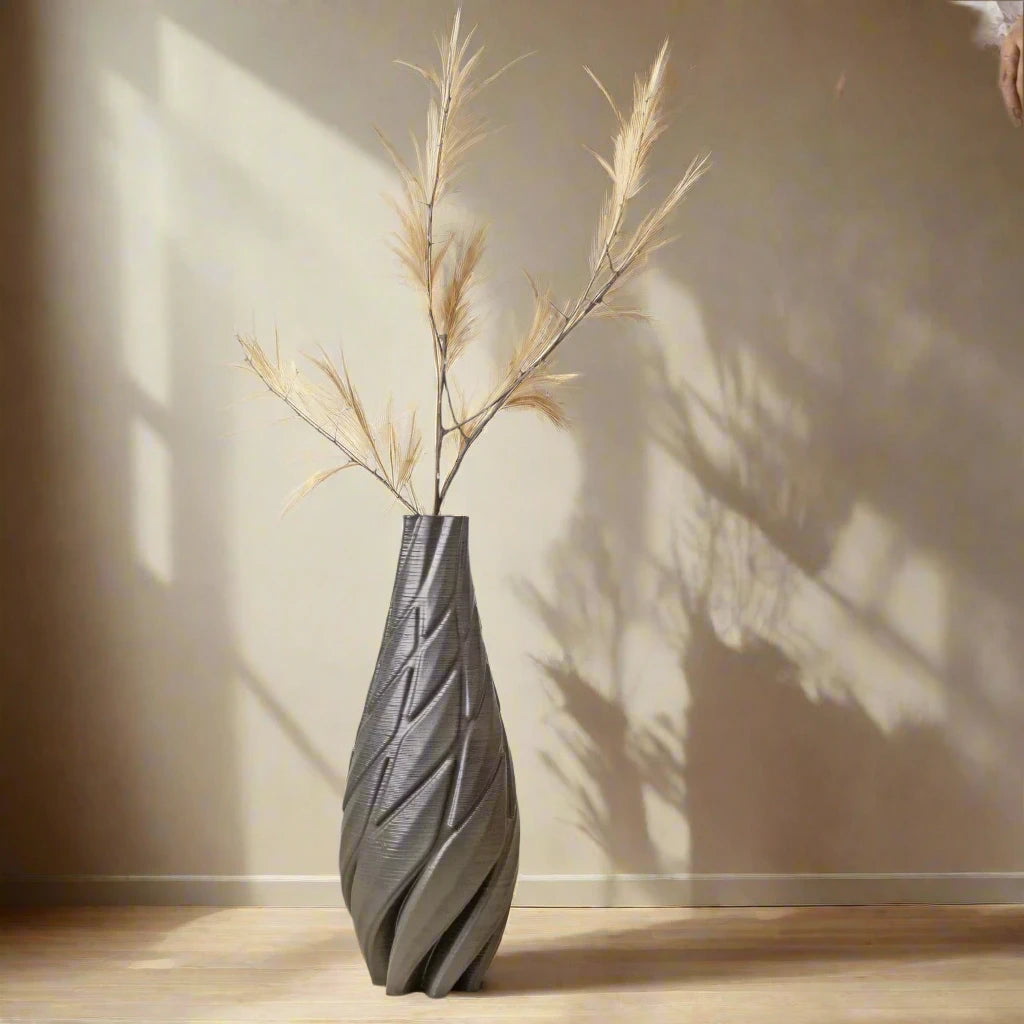 Tall black Ceramic floor vase 3D printed with flowers #color_black