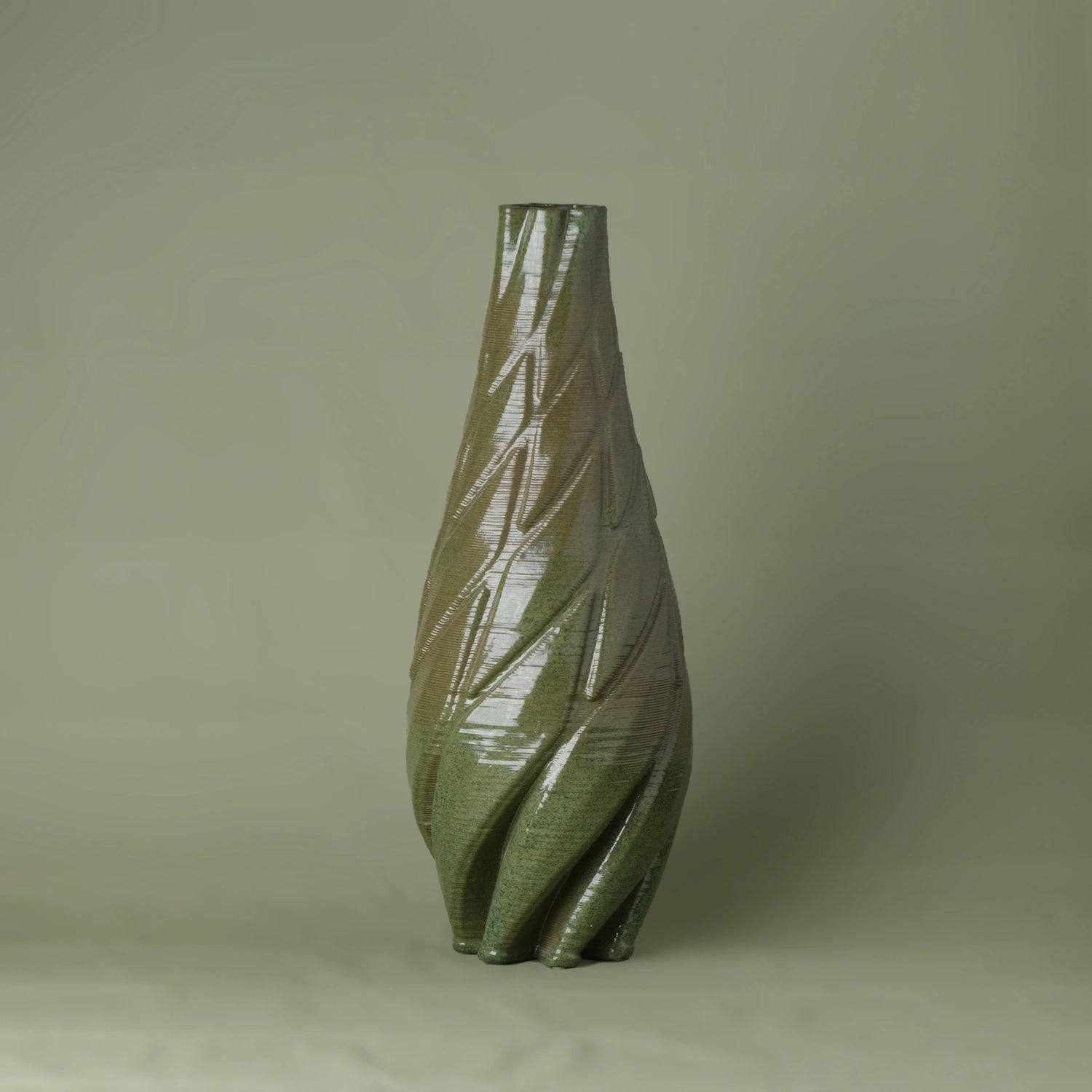 Tall green Ceramic floor vase 3D printed front view #color_olive green