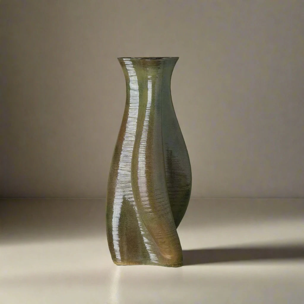 Tall green Ceramic floor vase 3D printed front view #color_olive green