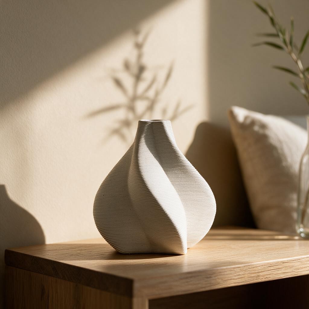 A textured off-white ceramic vase with a twisted, bulbous shape sits on a wooden table in a warmly lit room, with a pillow and plant visible in the background.