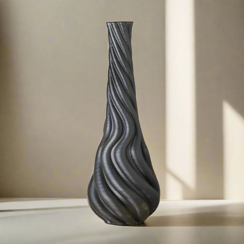 Tall black Ceramic floor vase 3D printed front view #color_black