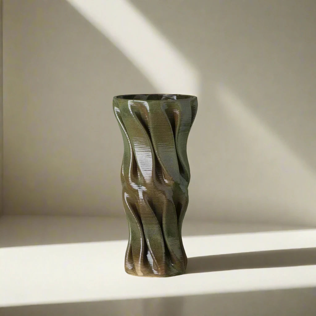 Tall green Ceramic floor vase 3D printed front view #color_olive green