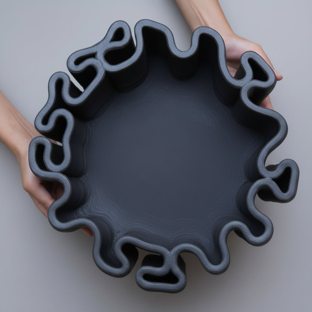 A round, dark charcoal-colored ceramic bonsai planter with a wavy, scalloped rim, held by two hands against a neutral tan background #color_black