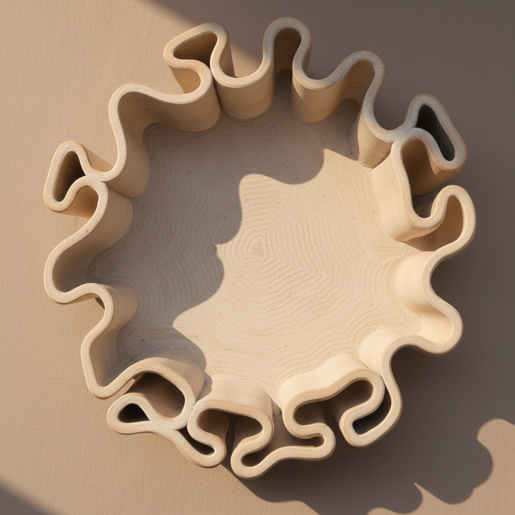 A circular 3d printed ceramic tray with a wavy, ruffled edge, shown from a top-down view on a neutral fabric background #color_Unglazed