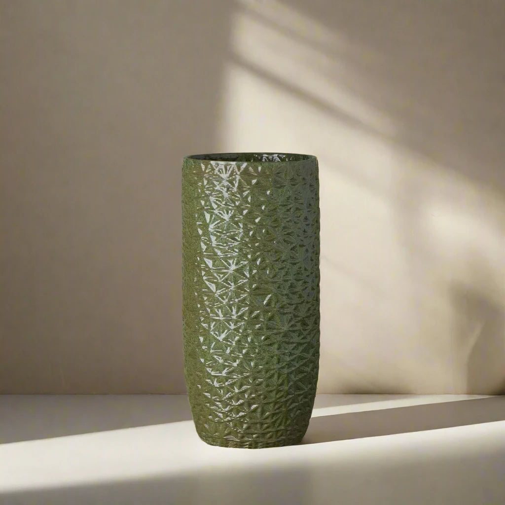 Tall green Ceramic floor vase 3D printed front view #color_olive green