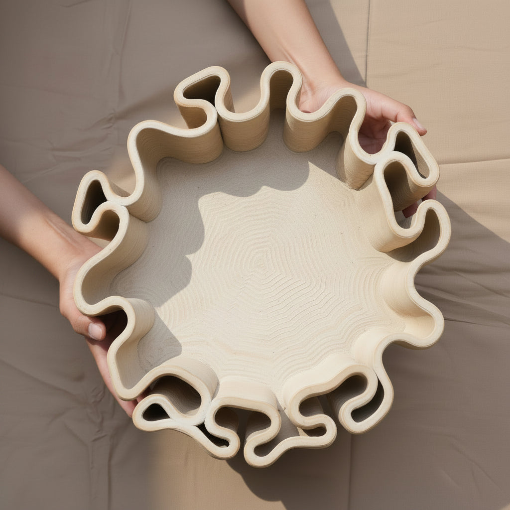 A rustic ceramic tray with a wavy, scalloped edge, held by two hands against a neutral brown fabric background #color_Unglazed