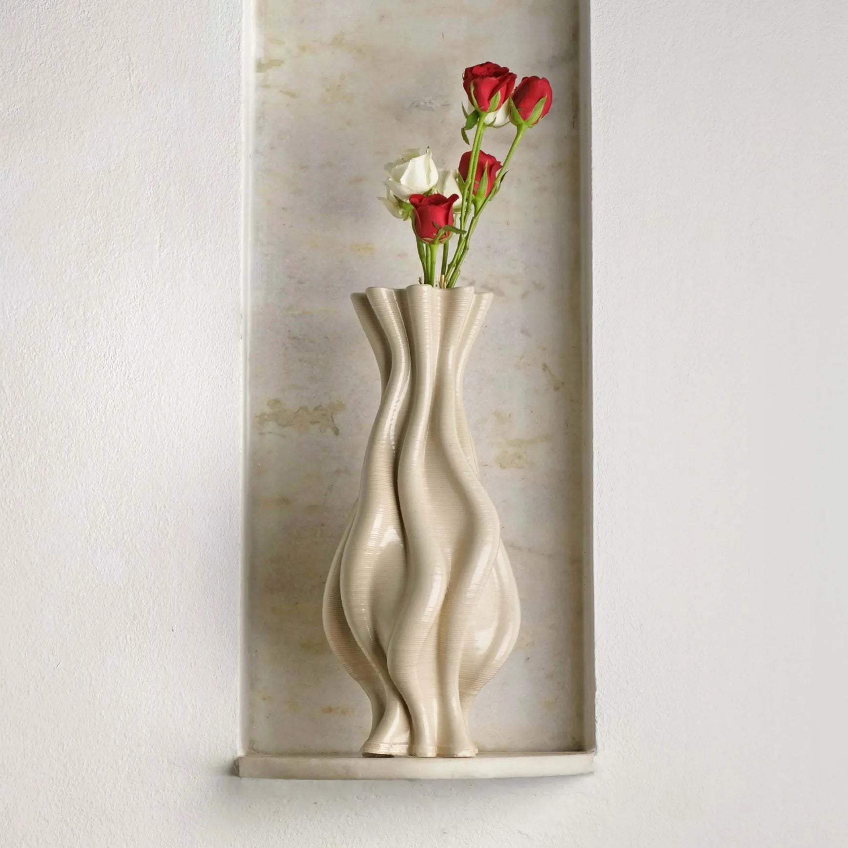 Designer white Ceramic Table Vase 3D printed with flowers #color_white