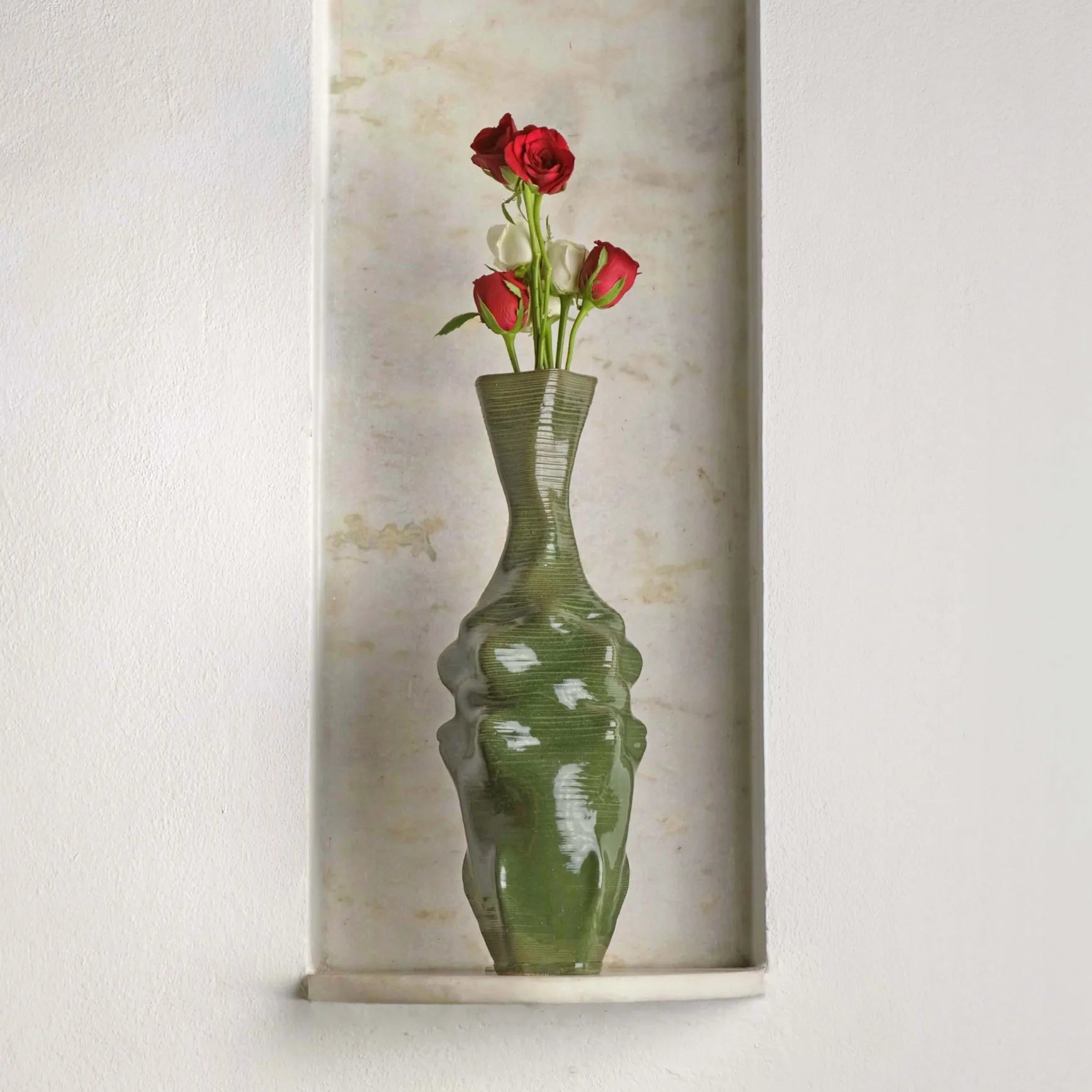 Large green Ceramic Table Vase 3D printed with flowers #color_olive green