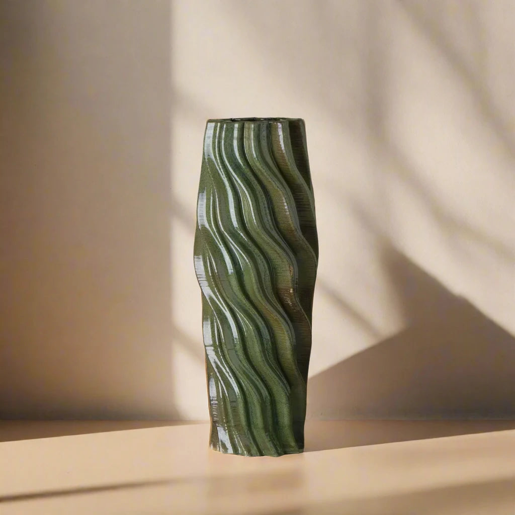 Tall green Ceramic floor vase 3D printed front view #color_olive green