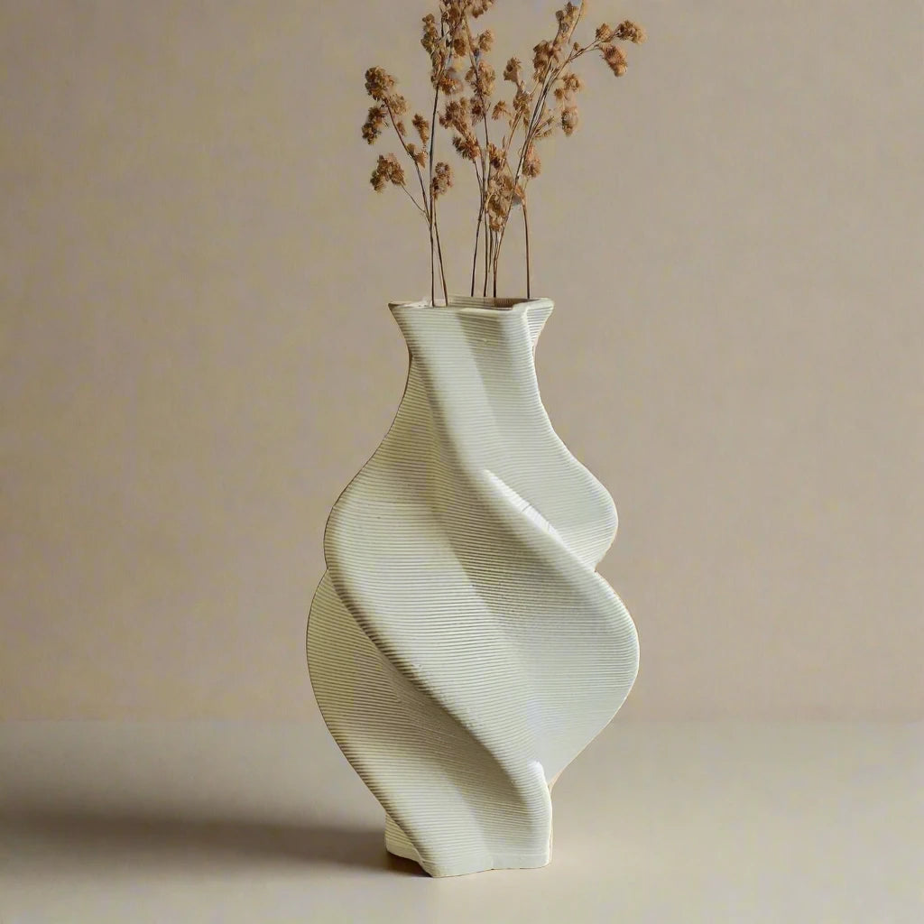 White ceramic vase in spiral shape with flowers #color_white