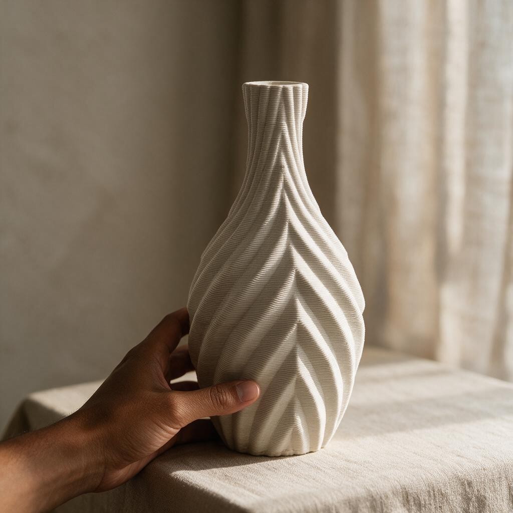 Ceramic vase with one hand holding it #color_white