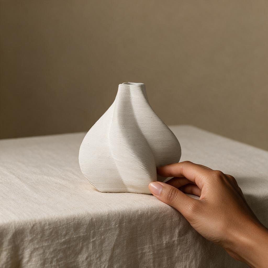 Lily ceramic small vase with a hand lightly touching it