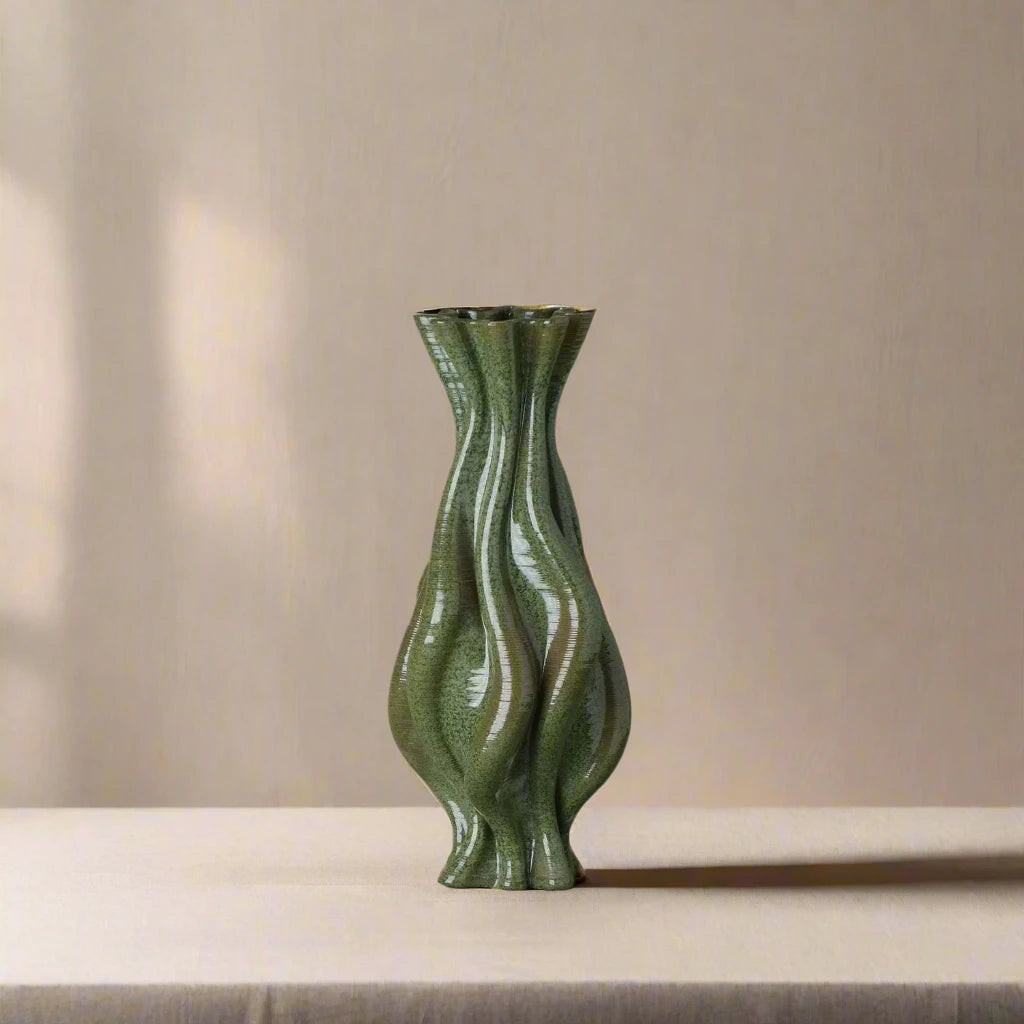 Designer green Ceramic Table Vase 3D printed front view #color_olive green